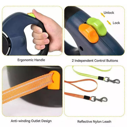 Dual Pet Leash Retractable Reflective Lead 360 Swivel Double Dog Walking Leash