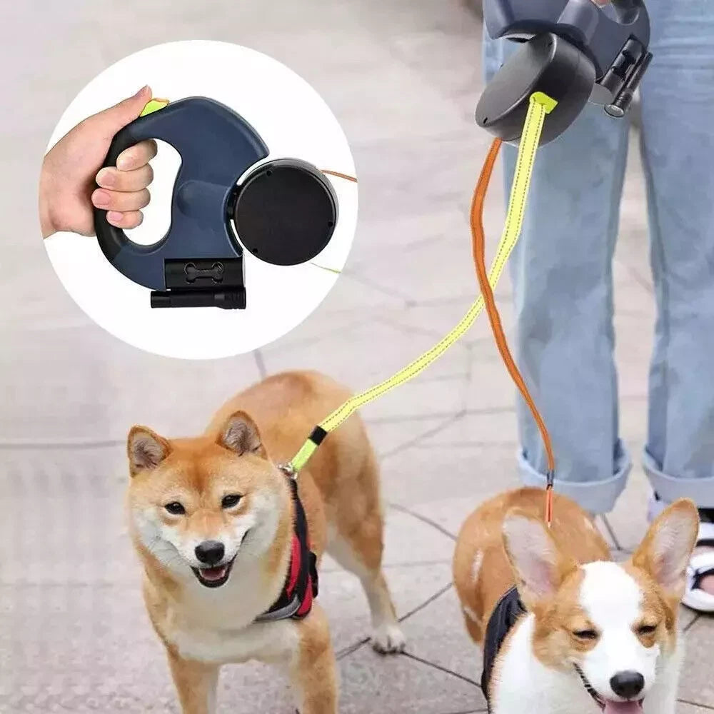 Dual Pet Leash Retractable Reflective Lead 360 Swivel Double Dog Walking Leash